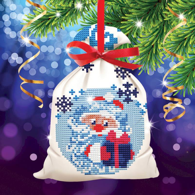 Новогодняя вышивка крестиком на мешочке 'Дед Мороз', основа 25x35 см