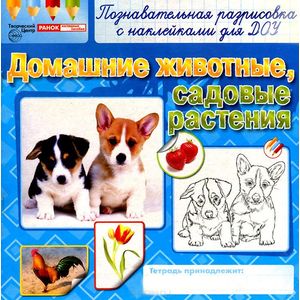 Домашние животные, садовые растения. Раскраска с наклейками