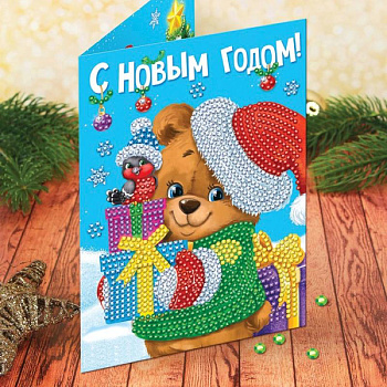 Алмазная вышивка на открытке «Мишка», 21x15 см + емкость, стержень с клеевой подушечкой. Набор для творчества